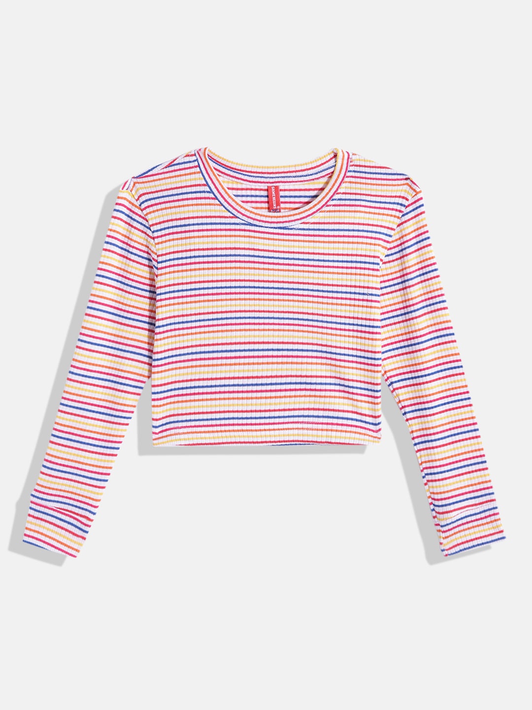

GAME BEGINS Girls Multicoloured Striped Ribbed Cotton T-shirt, Multi