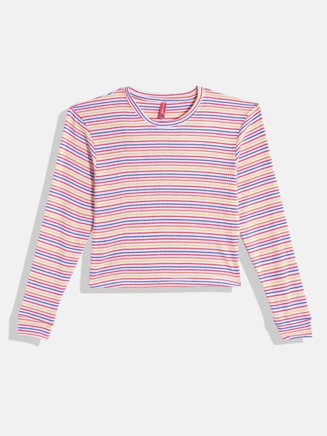 

GAME BEGINS Girls Multicoloured Striped Ribbed Cotton T-shirt, Multi