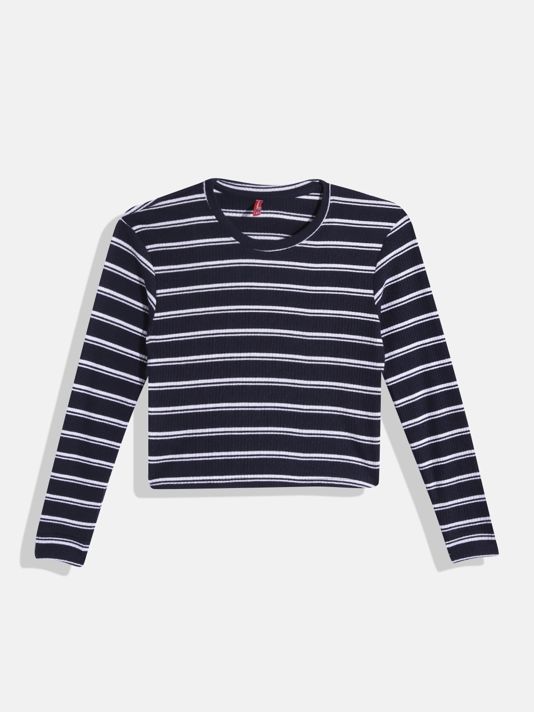 

GAME BEGINS Girls Navy Blue & White Striped Ribbed Cotton T-shirt