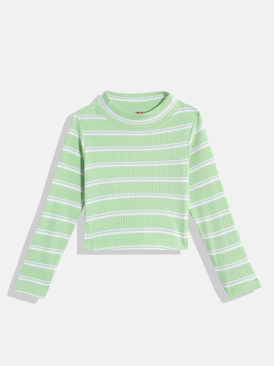 

GAME BEGINS Girls Mint Green & White Striped High Neck Cotton T-shirt