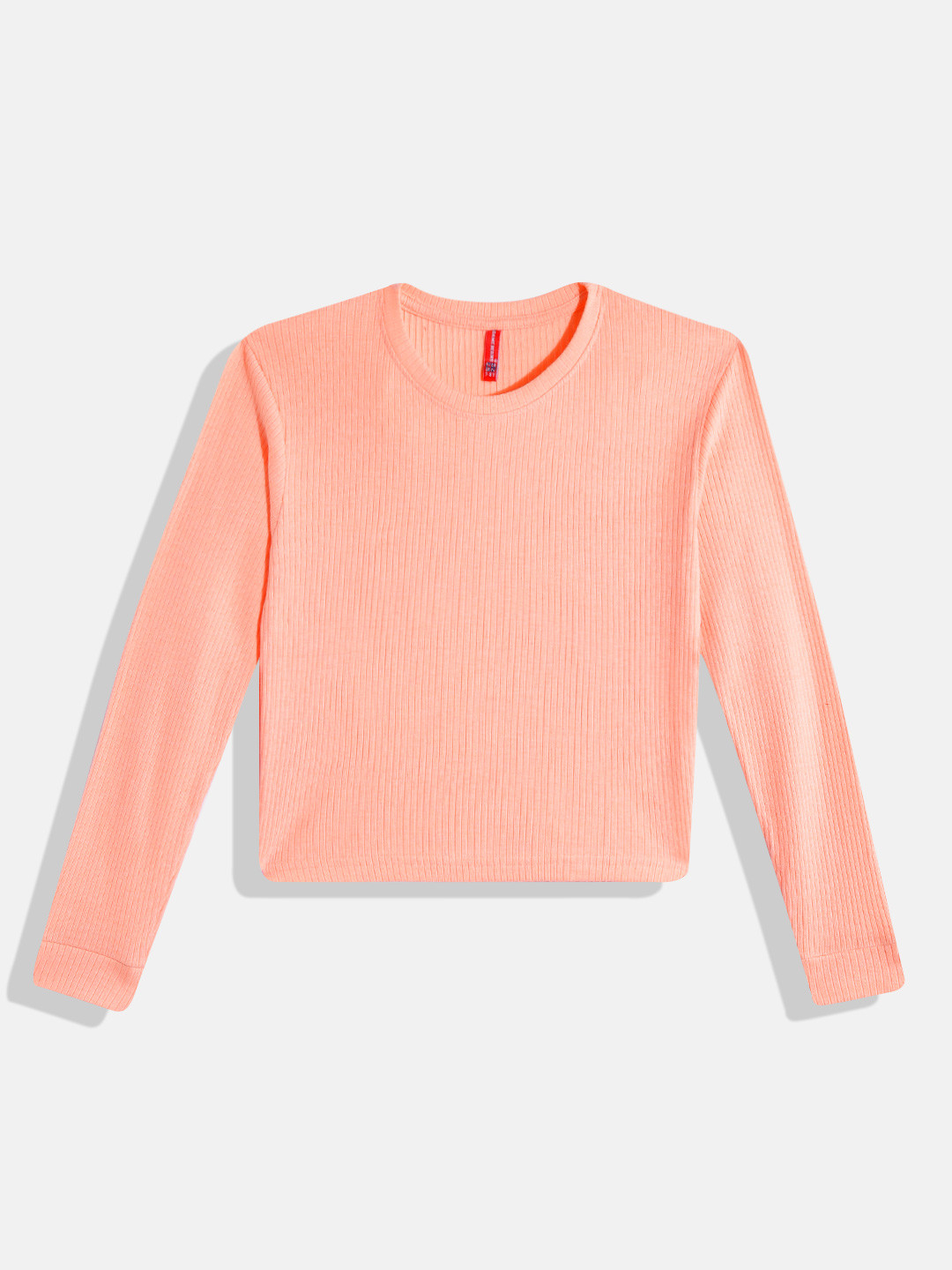 

GAME BEGINS Girls Peach-Coloured Ribbed T-shirt