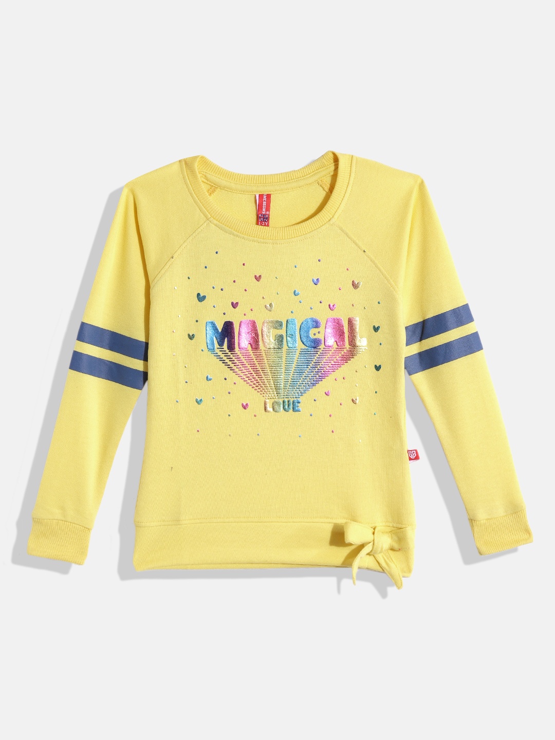 

GAME BEGINS Girls Yellow & Pink Pure Cotton Typography Printed T-shirt with Knot Detail