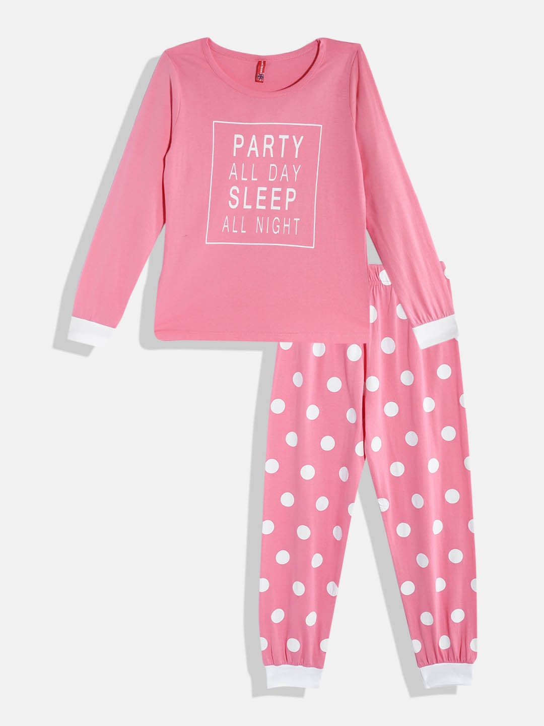 

GAME BEGINS Girls Pink & White Pure Cotton Typography Printed T-shirt with Pyjamas