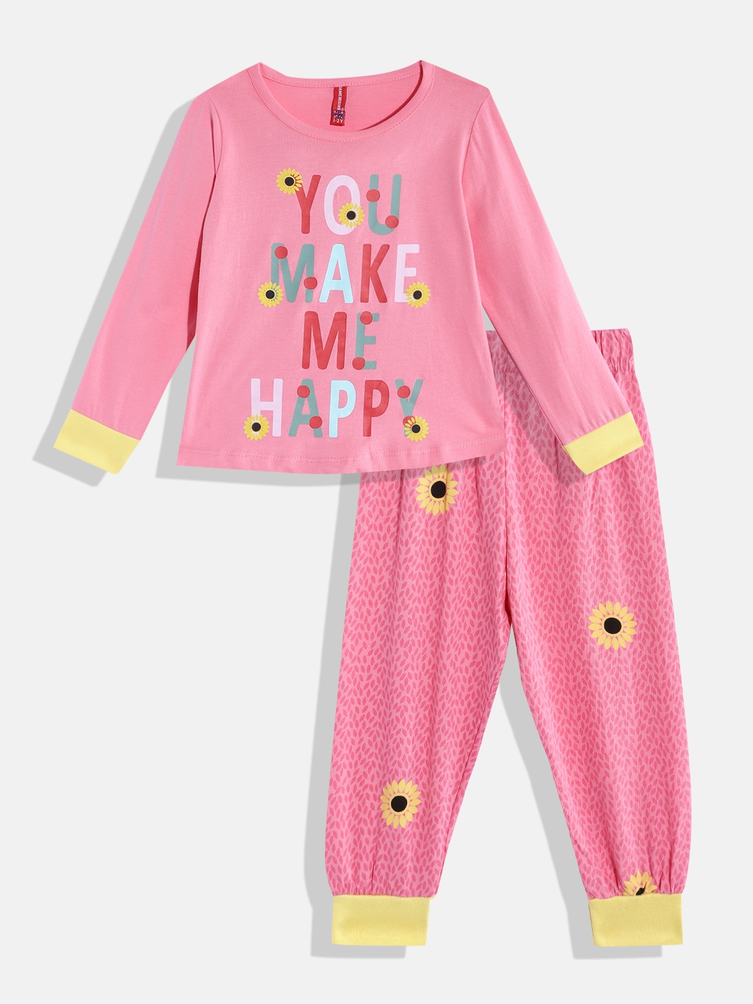 

GAME BEGINS Girls Pink & Yellow Pure Cotton Graphic Printed T-shirt with Pyjamas