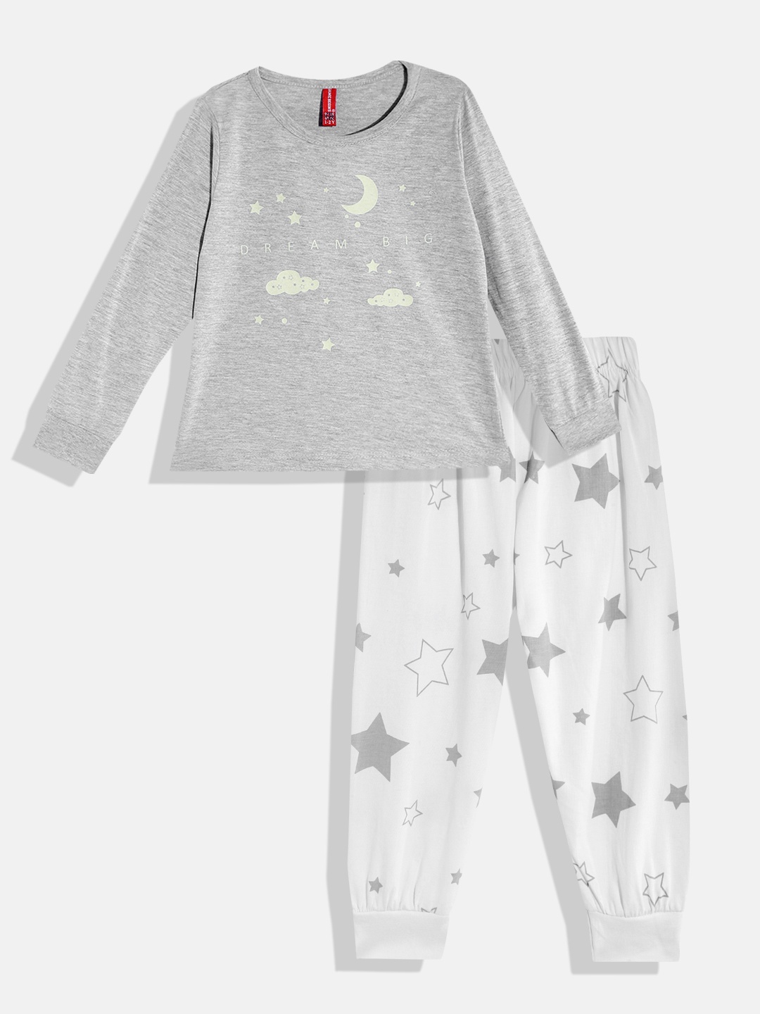 

GAME BEGINS Girls Grey & White Pure Cotton Typography Printed T-shirt with Pyjamas