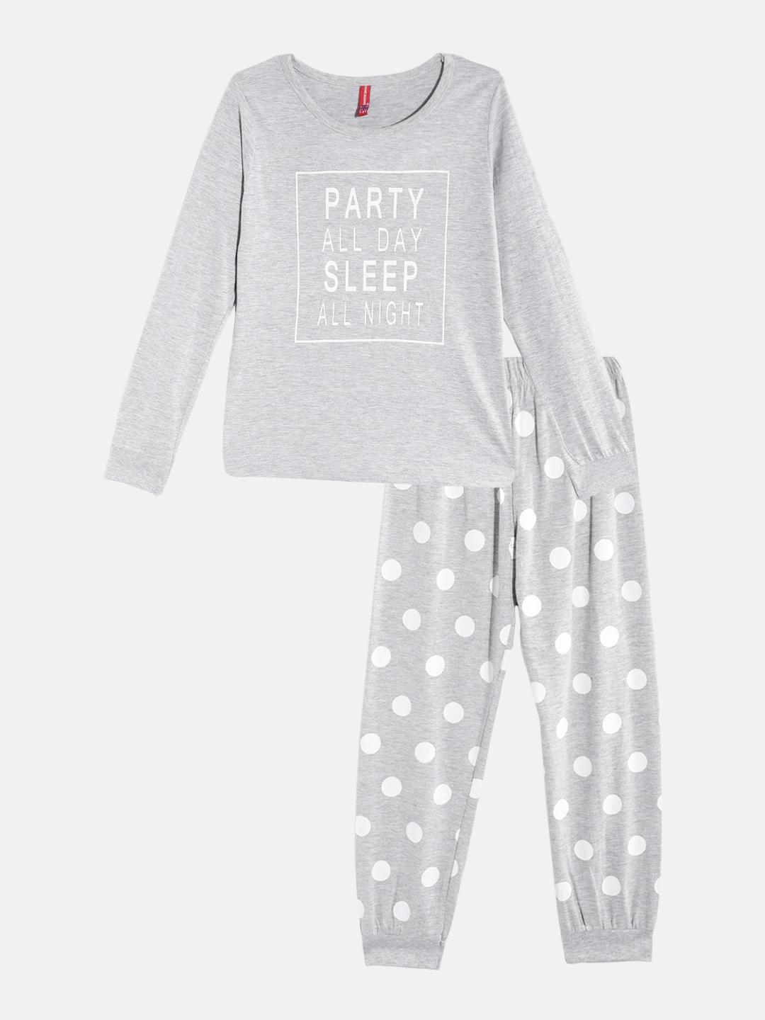 

GAME BEGINS Girls Grey & White Pure Cotton Typography Printed T-shirt with Pyjamas