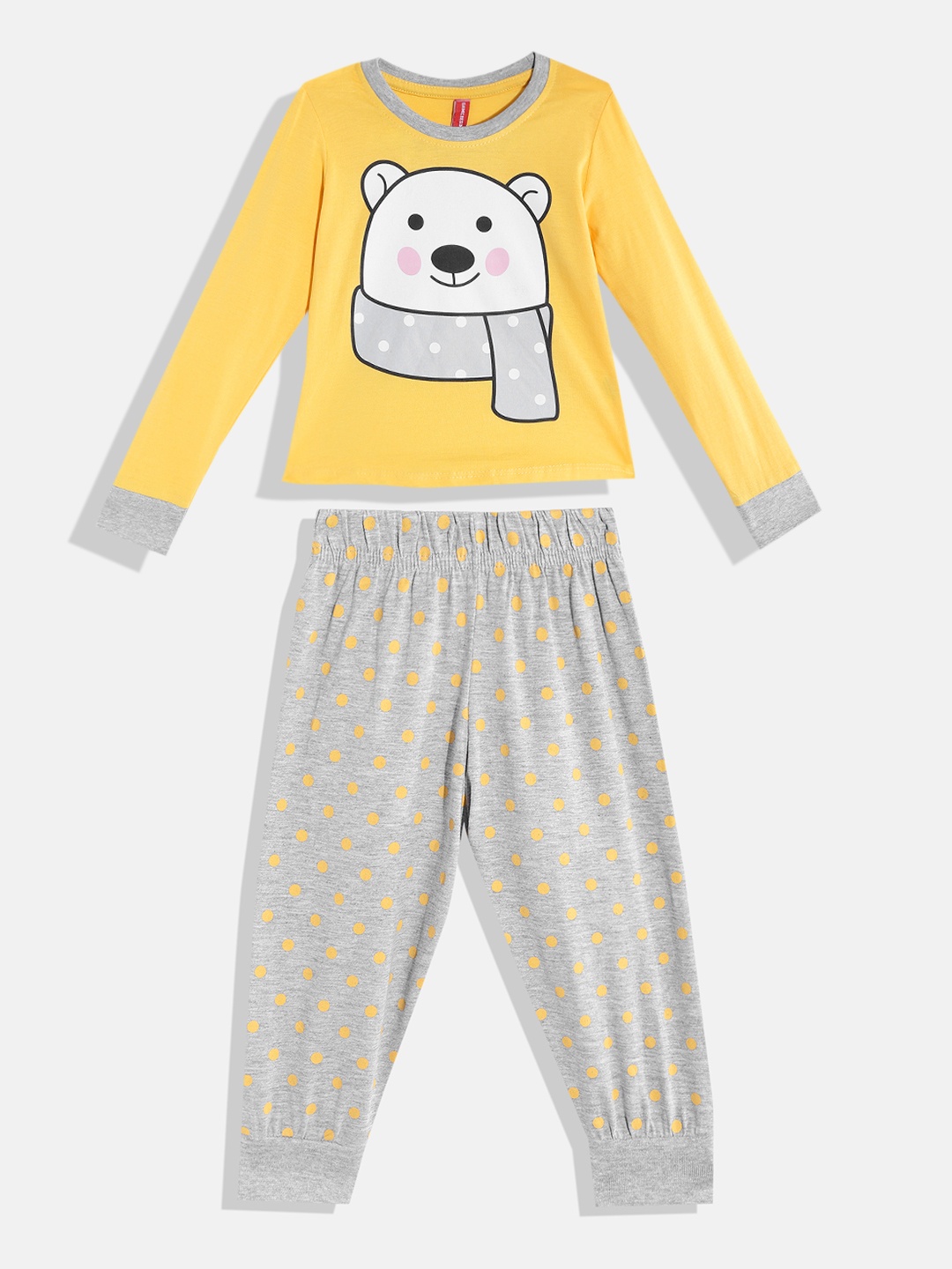 

GAME BEGINS Girls Yellow & Grey Pure Cotton Graphic Printed T-shirt with Pyjamas