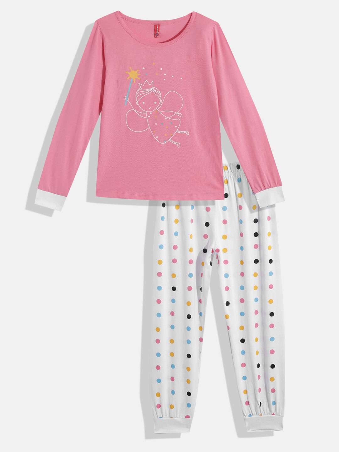 

GAME BEGINS Girls Pink & White Pure Cotton Printed T-shirt with Trousers