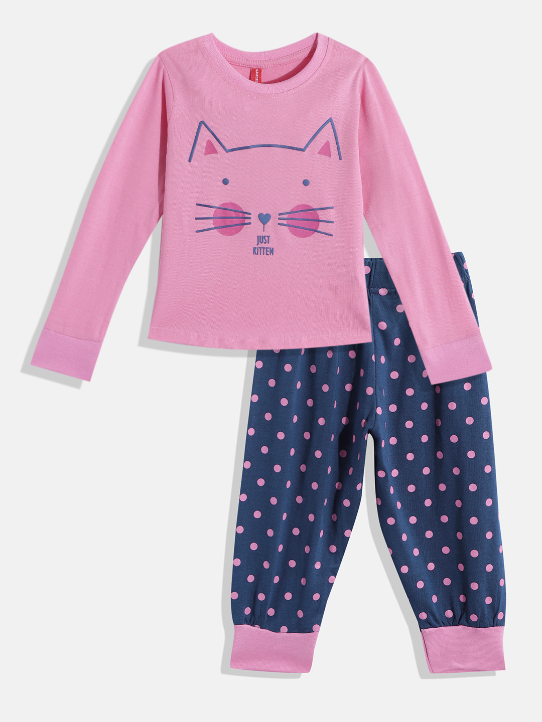 

GAME BEGINS Girls Pink & Navy Blue Printed T-shirt with Trousers