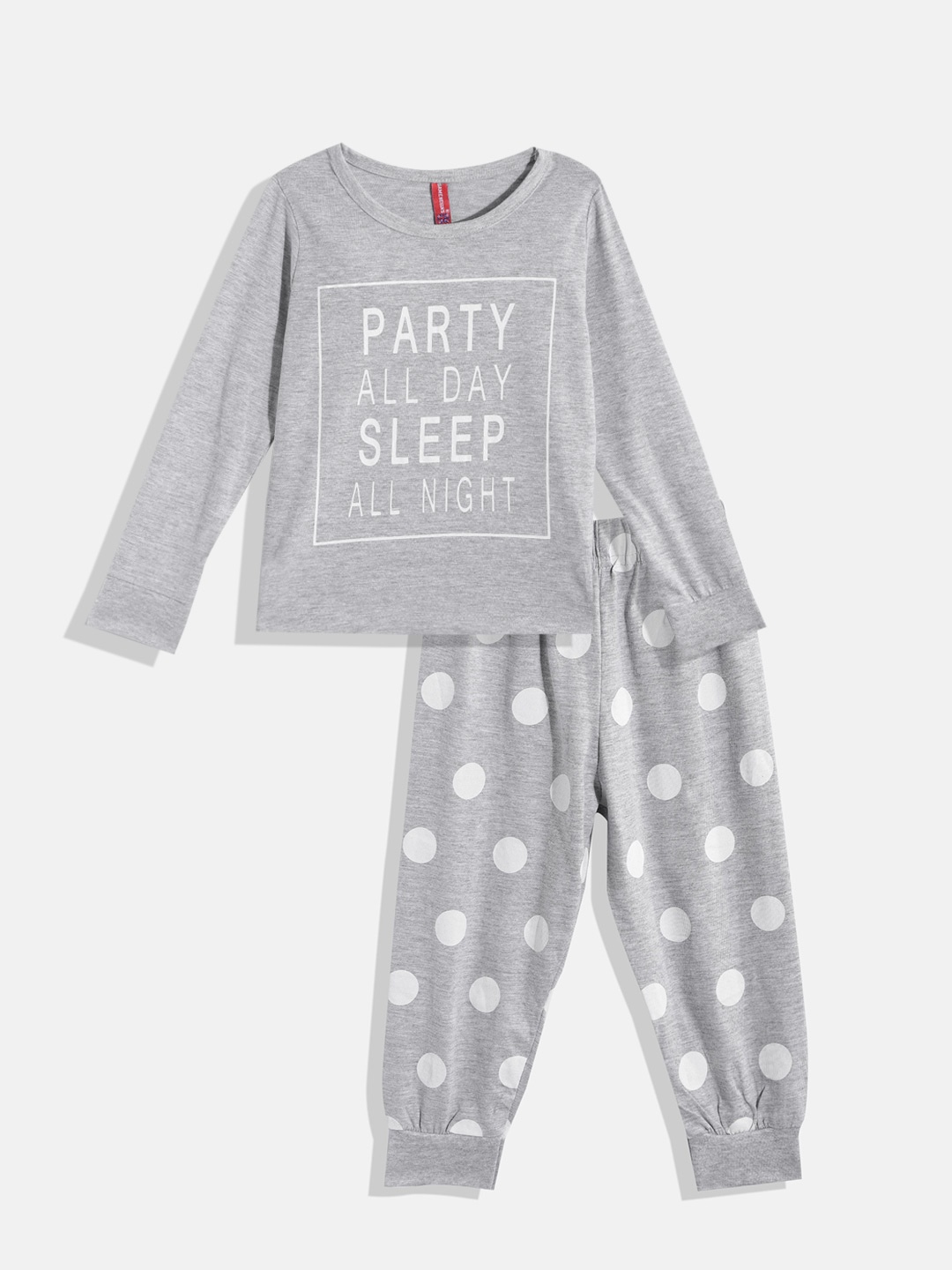 

GAME BEGINS Girls Grey & White Pure Cotton Typography Printed T-shirt with Pyjamas
