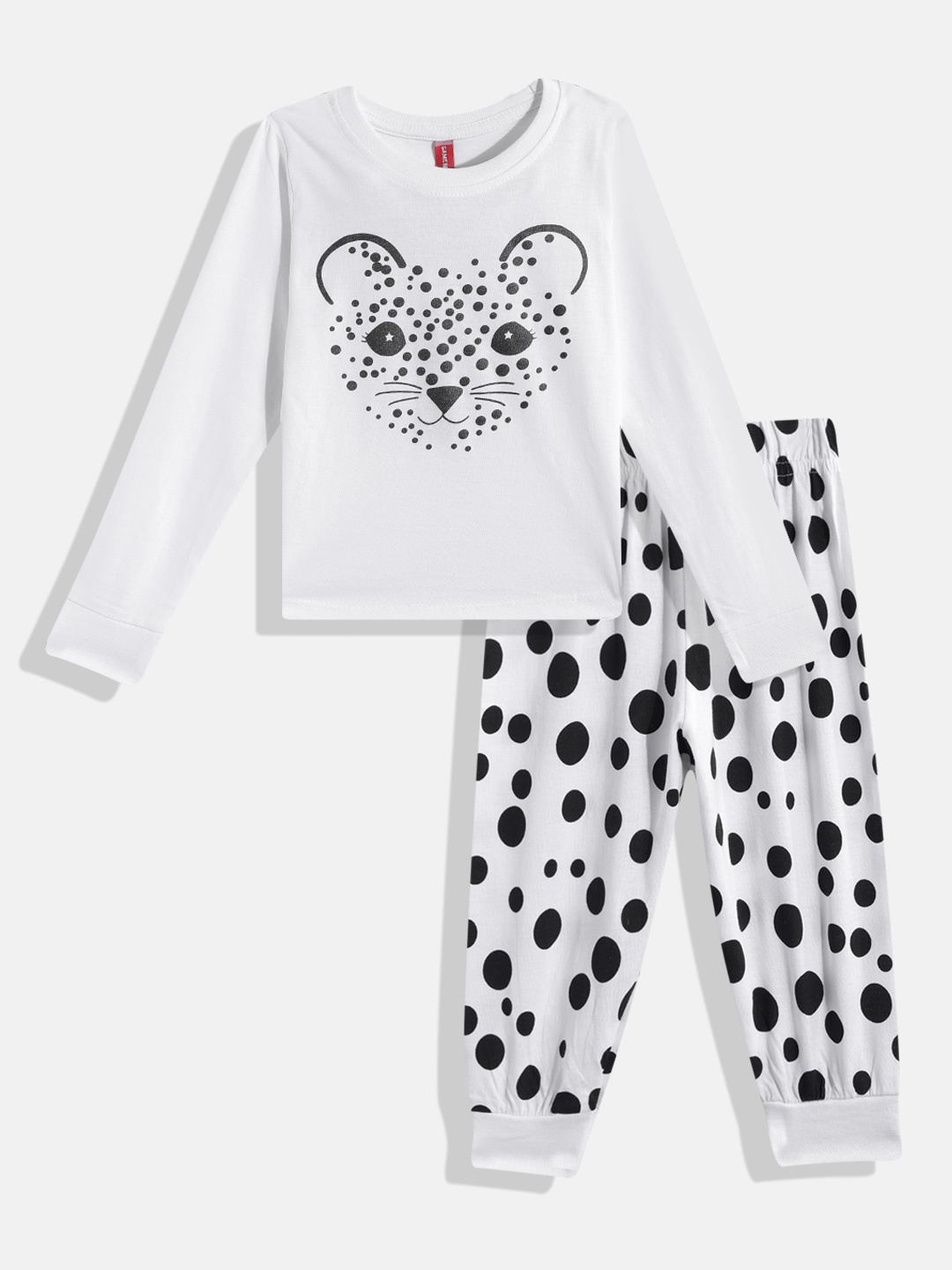 

GAME BEGINS Girls White & Black Pure Cotton Graphic Printed T-shirt with Pyjamas