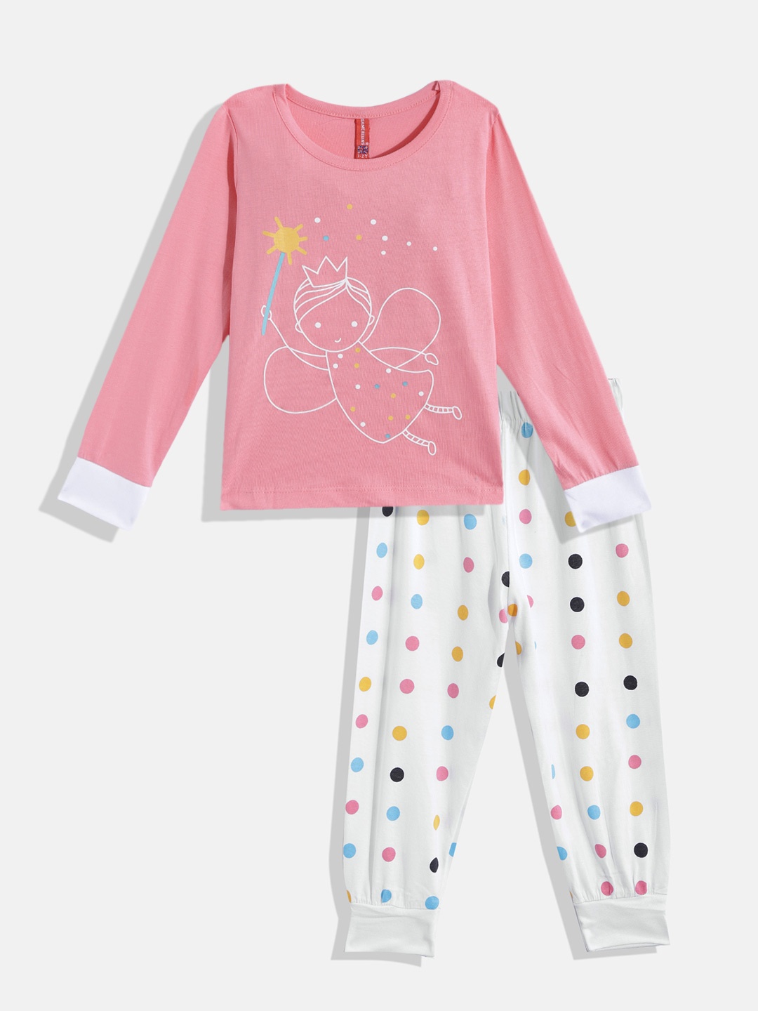 

GAME BEGINS Girls Pink & White Pure Cotton Graphic Printed T-shirt with Pyjamas