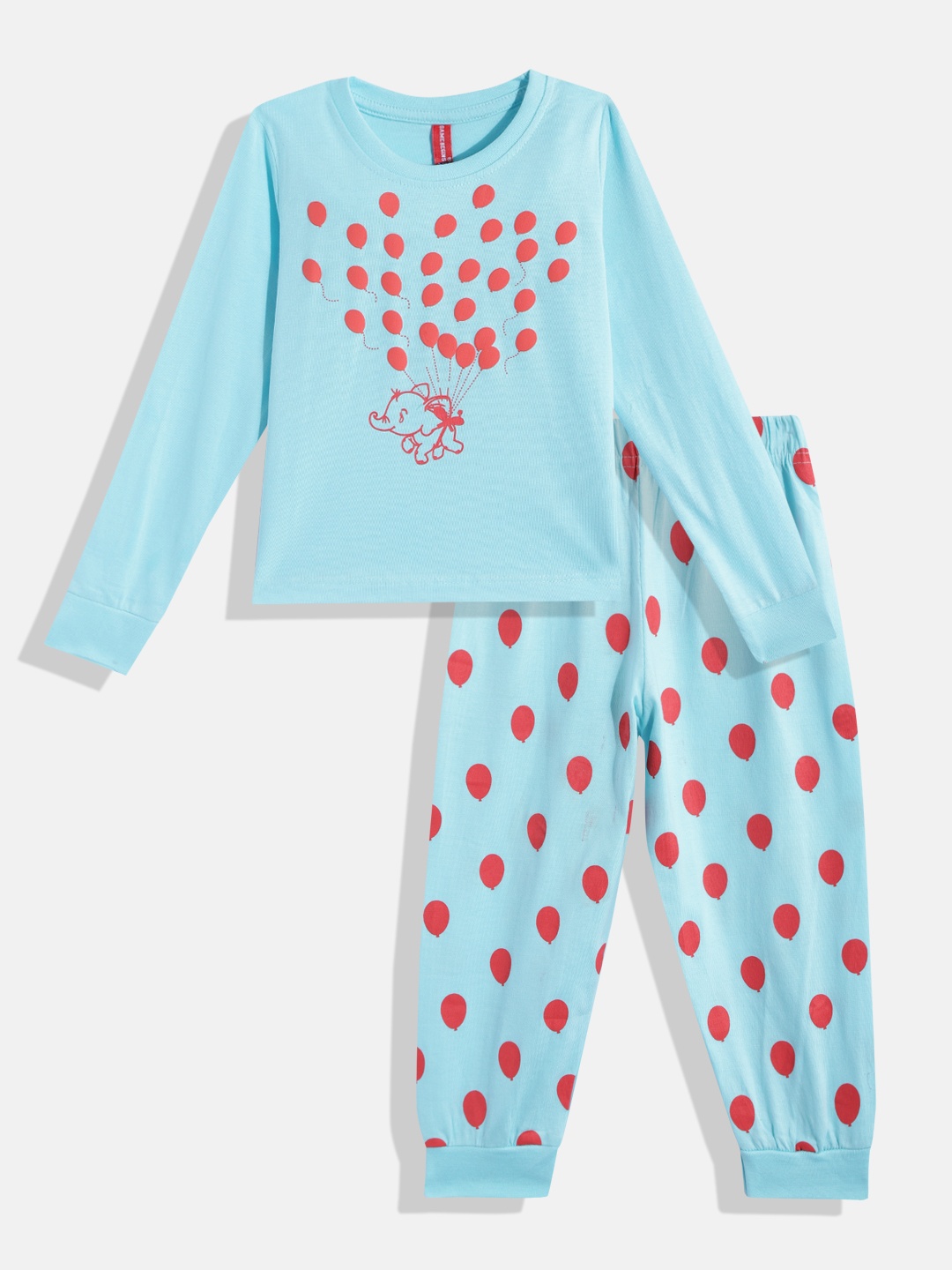 

GAME BEGINS Girls Blue & Red Pure Cotton Graphic Printed T-shirt with Pyjamas