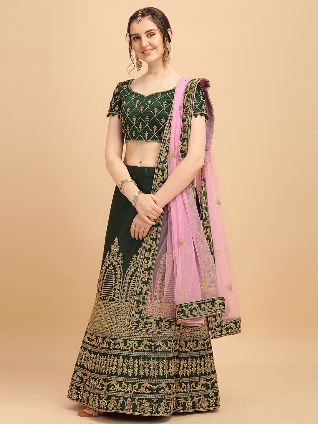 

Amrutam Fab Olive Green & Gold-Toned Embroidered Semi-Stitched Lehenga & Unstitched Blouse With Dupatta