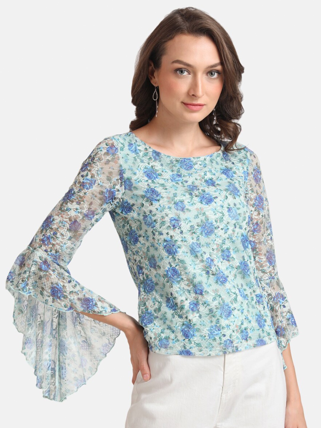 

Kazo Green & Blue Floral Print Lace Top