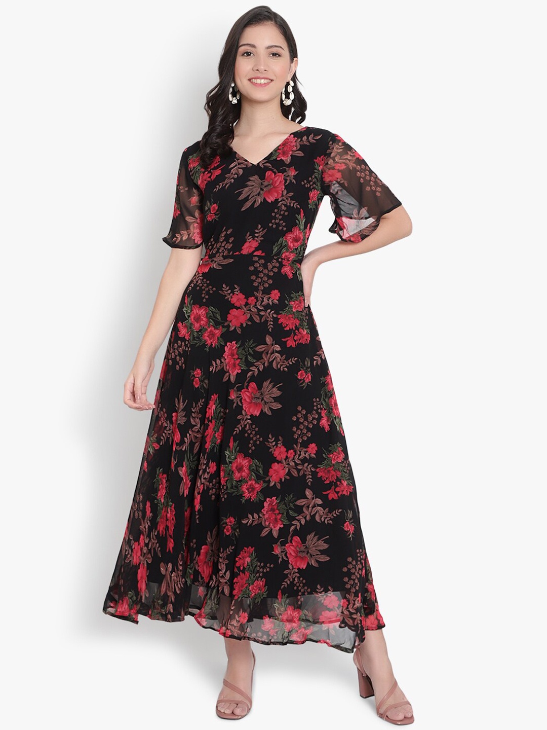 heemara Women Black & Pink Floral Georgette Maxi Dress