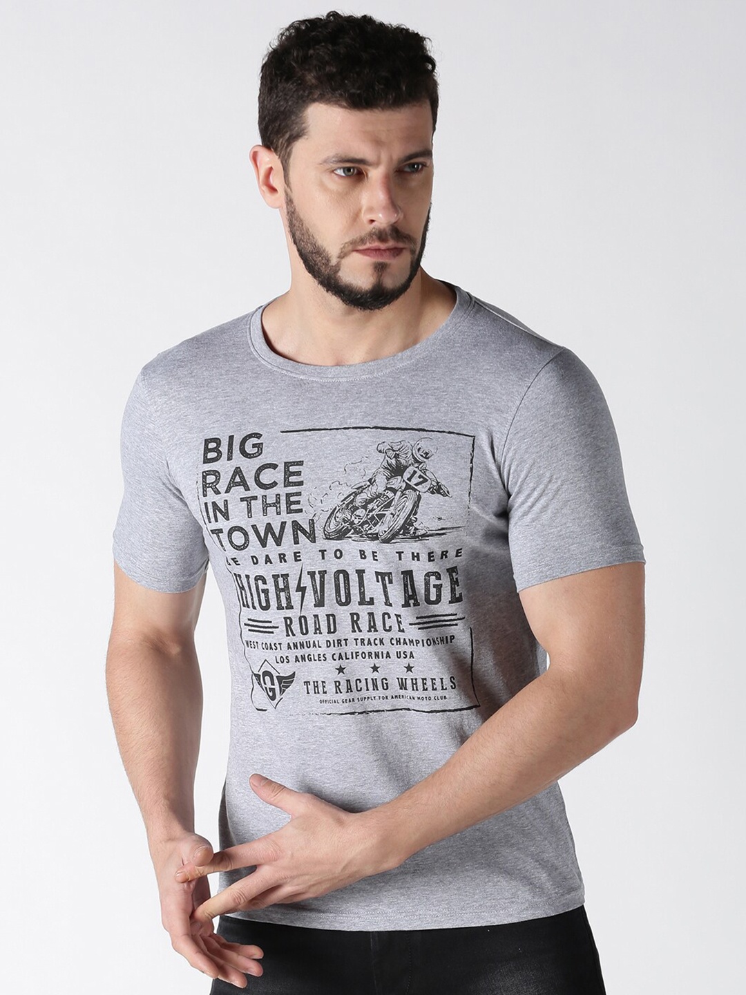 

Old Grey Men Grey Melange Typography Printed Slim Fit T-shirt