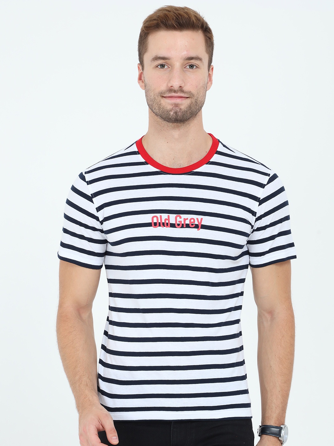 

Old Grey Men Blue & White Striped Slim Fit T-shirt