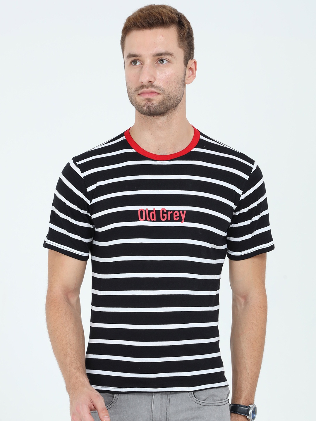 

Old Grey Men Black & White Typography Striped Slim Fit T-shirt