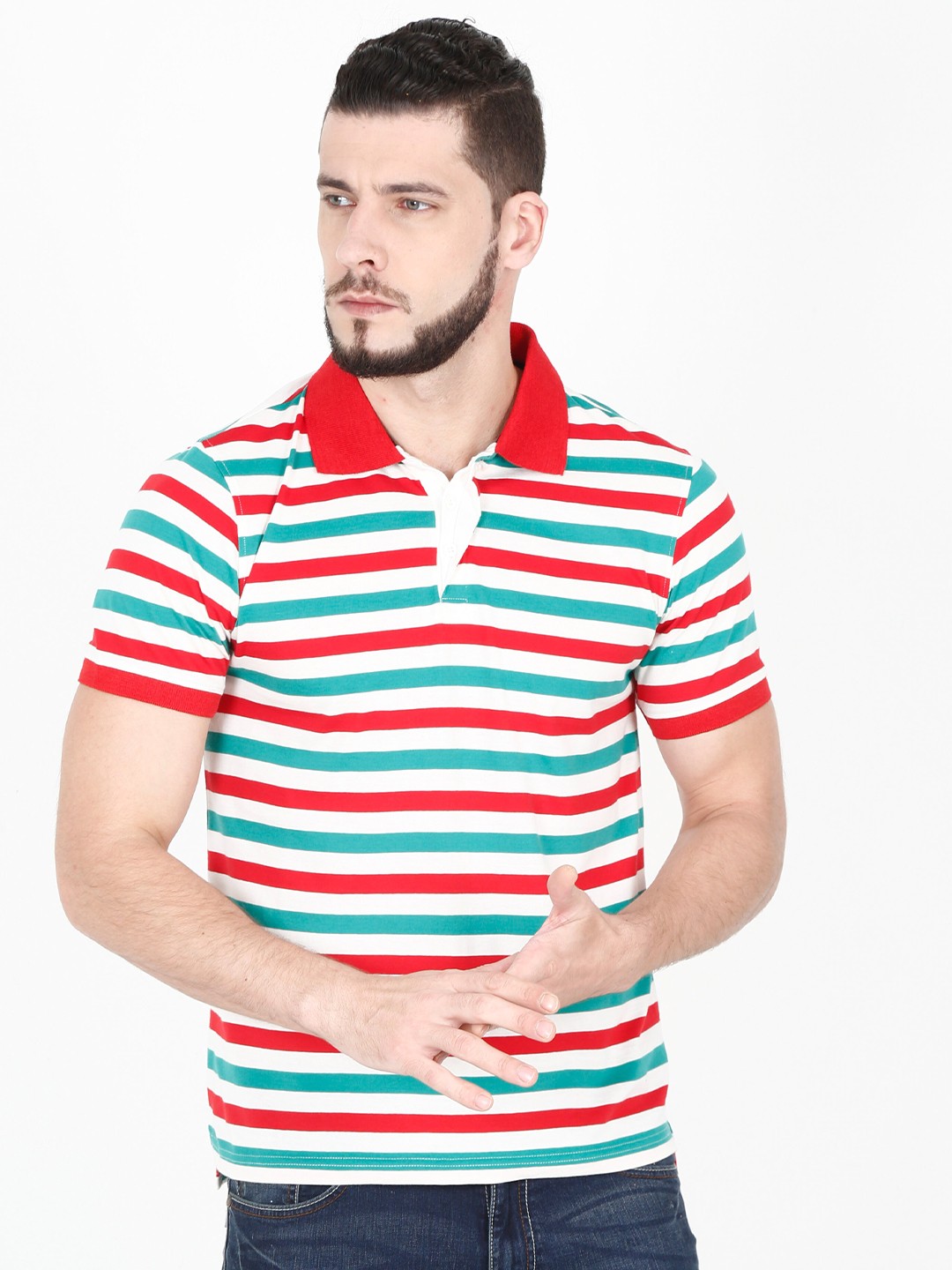 

Old Grey Men Red Striped Polo Collar Slim Fit T-shirt