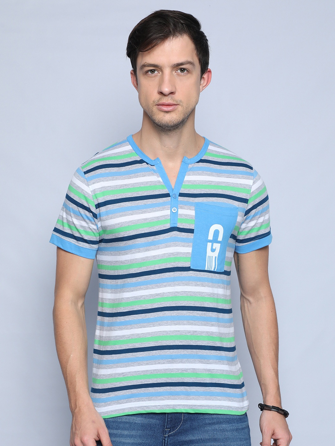 

Old Grey Men Blue & Green Striped Henley Neck Slim Fit T-shirt