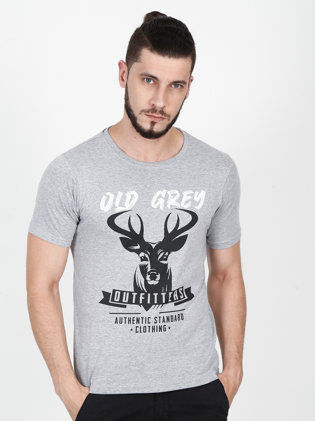 

Old Grey Men Grey & Black Printed Slim Fit T-shirt