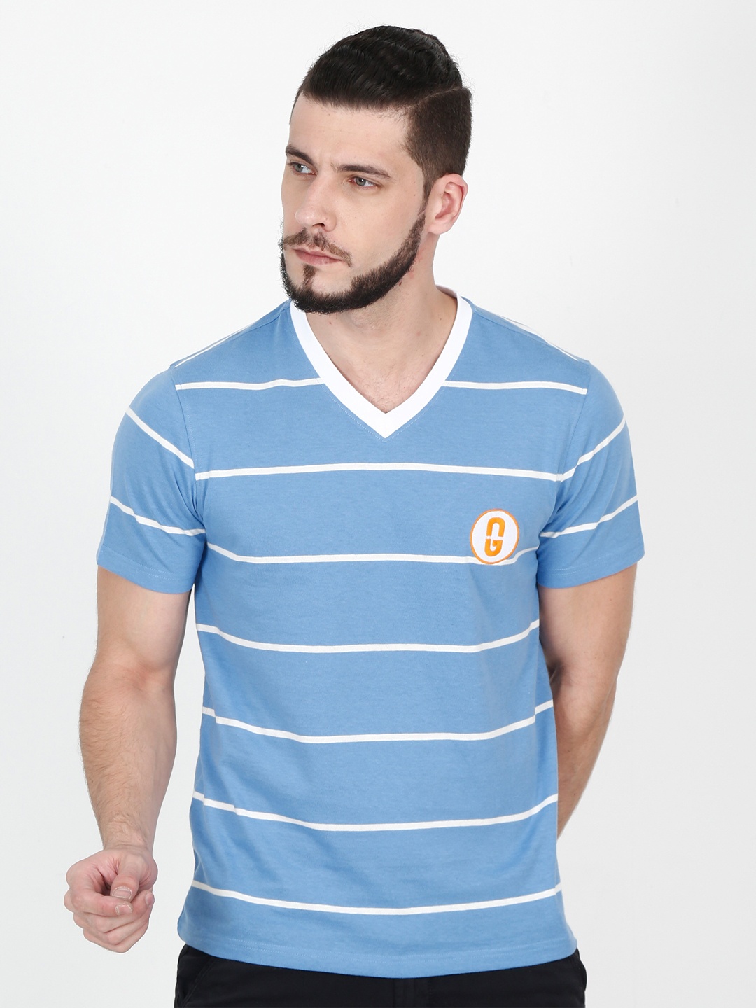 

Old Grey Men Blue and White Striped V-Neck Slim Fit T-shirt
