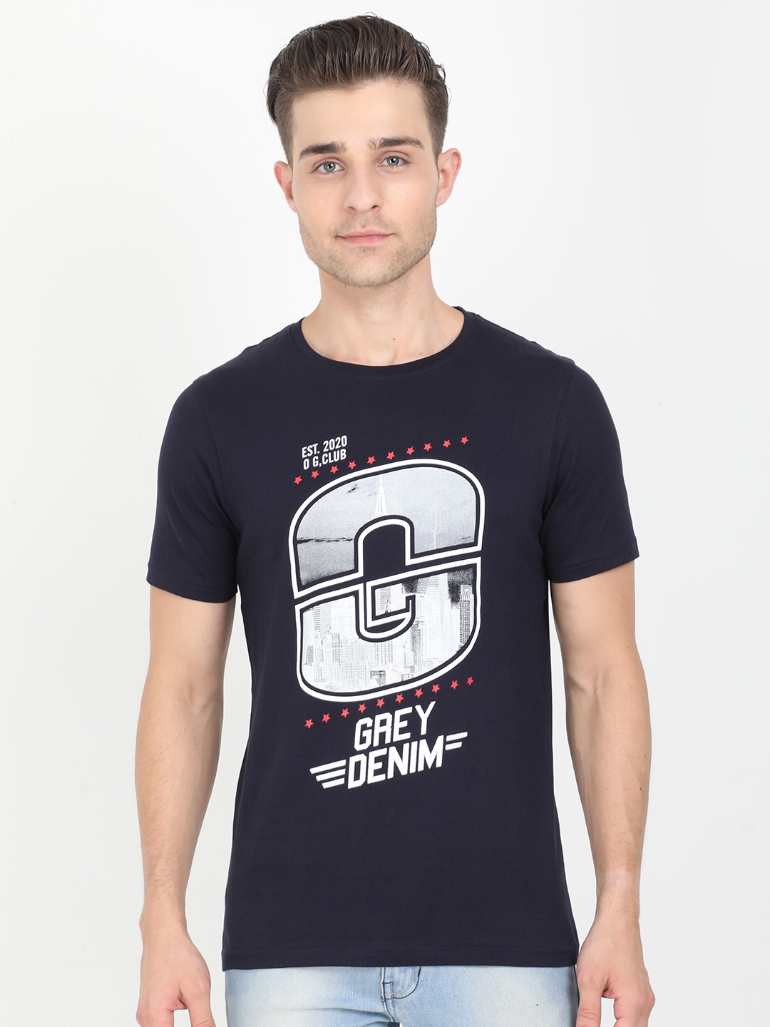 

Old Grey Men Navy Blue Typography Printed Slim Fit T-shirt