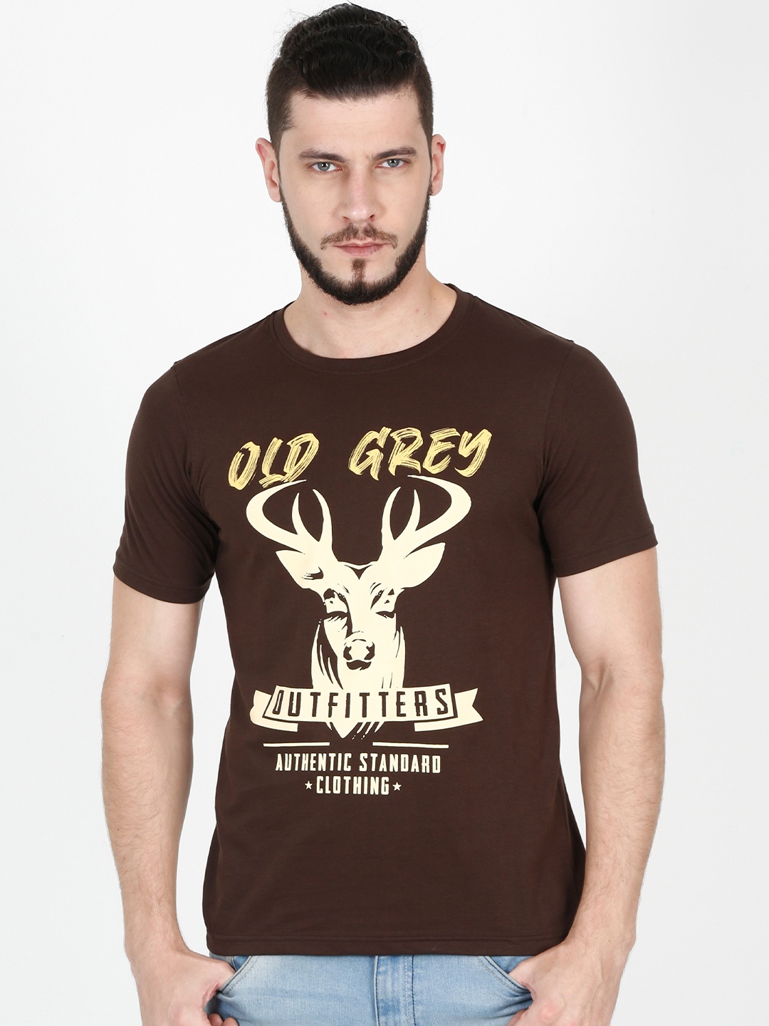 

Old Grey Men Brown Typography Printed Slim Fit T-shirt