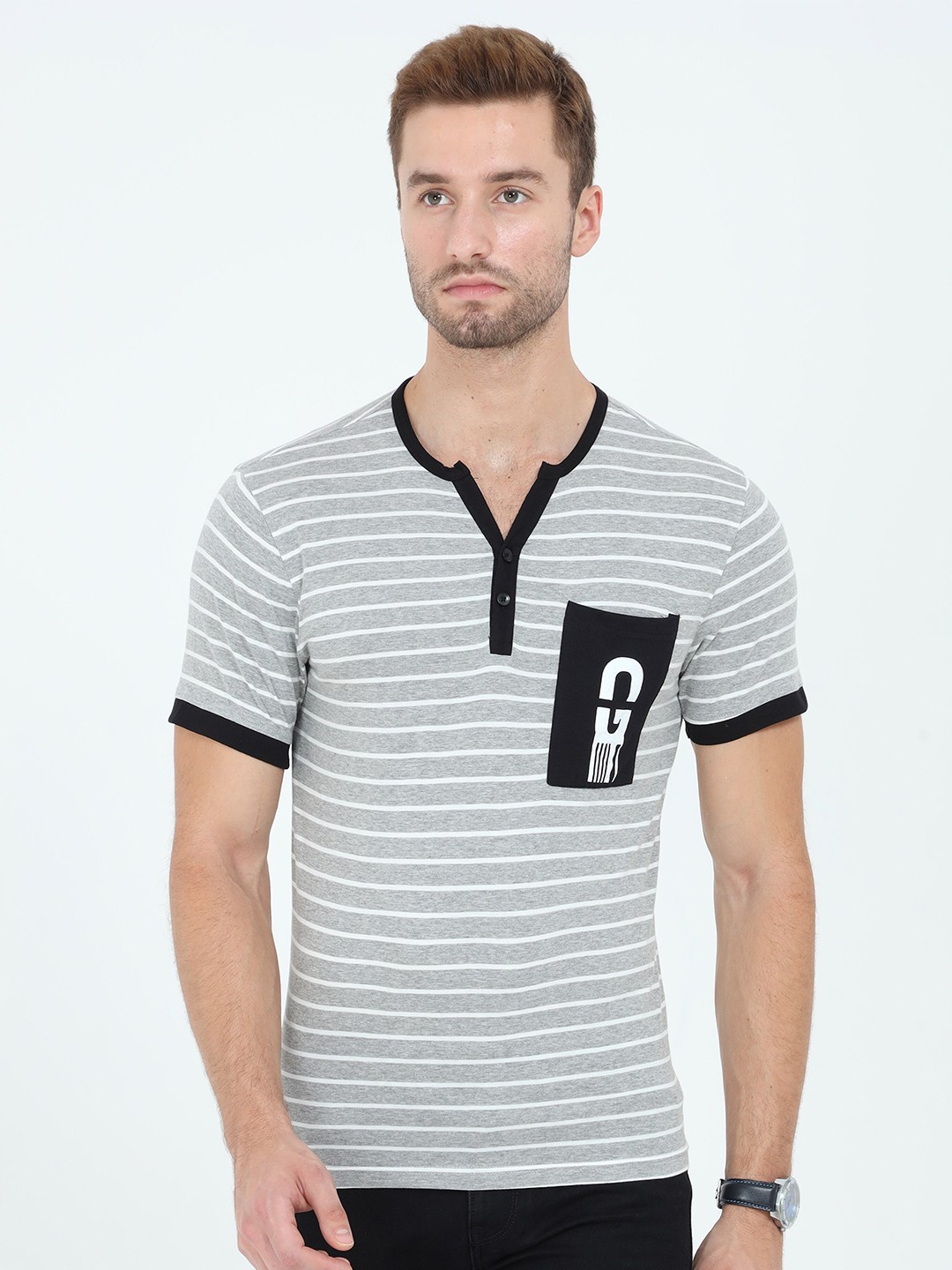 

Old Grey Men Grey Striped Henley Neck Slim Fit T-shirt