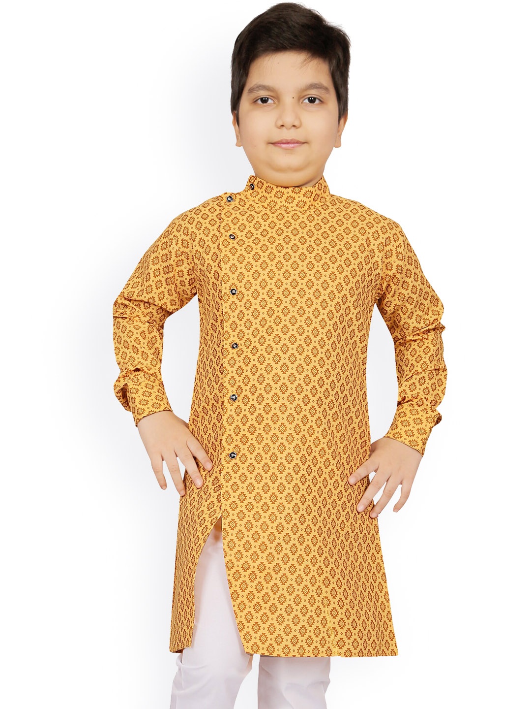 

KIDS FARM Boys Yellow Ethnic Motifs Printed Angrakha Kurta with Pyjamas