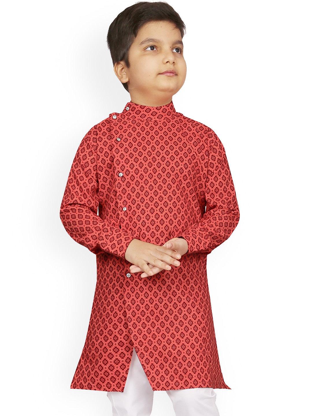 

KIDS FARM Boys Pink Ethnic Motifs Printed Angrakha Kurta with Churidar Pant