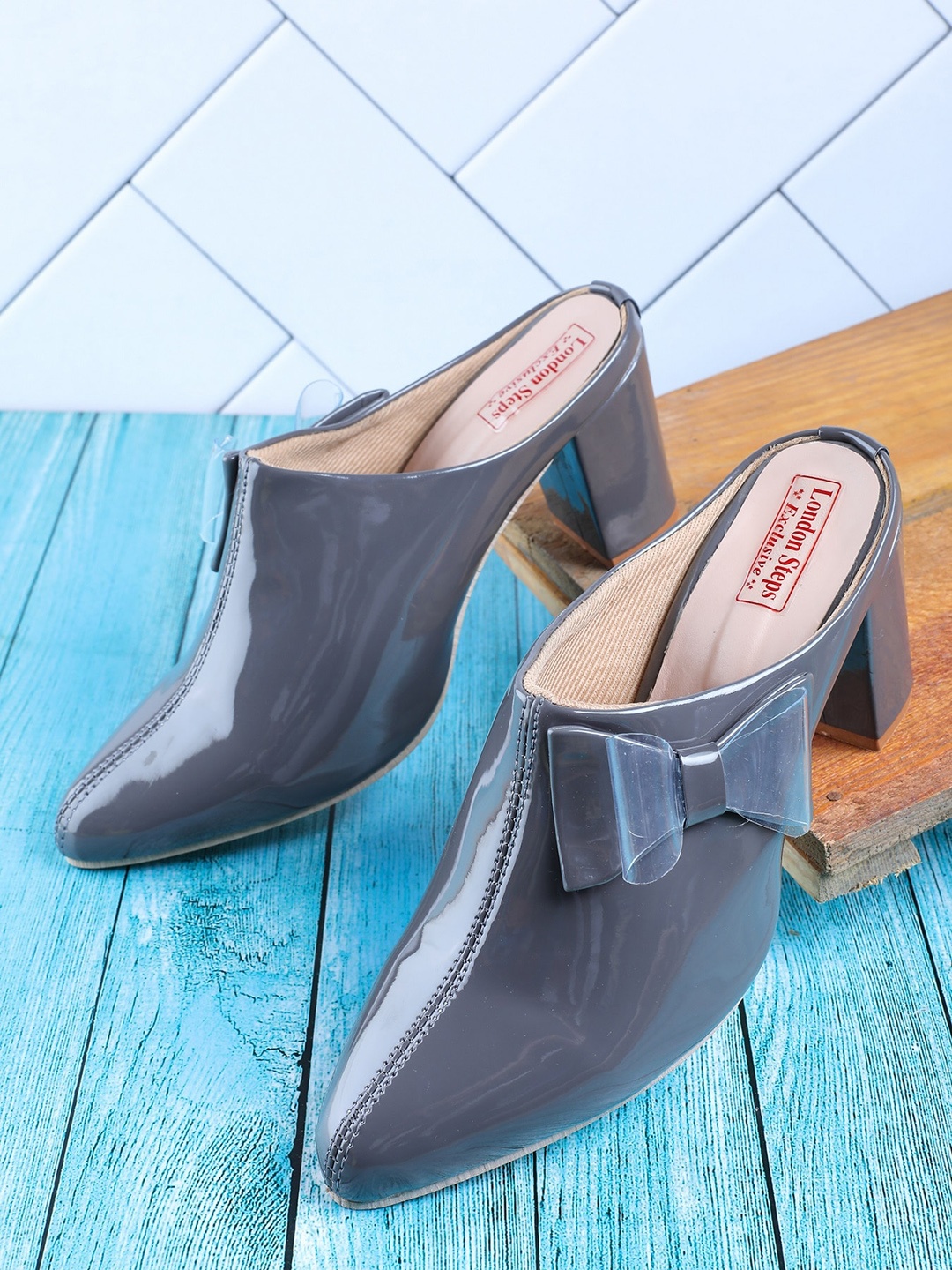 

LONDON STEPS Women Grey Solid Block Heels Mules with Bows
