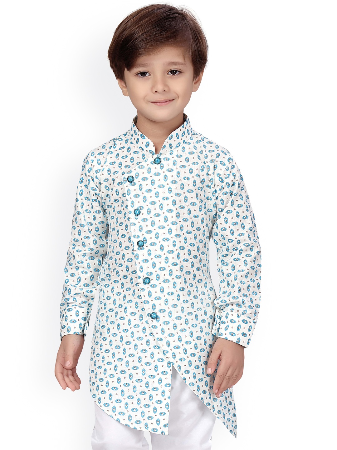 

KIDS FARM Boys Blue Ethnic Motifs Printed Angrakha Kurta with Trousers