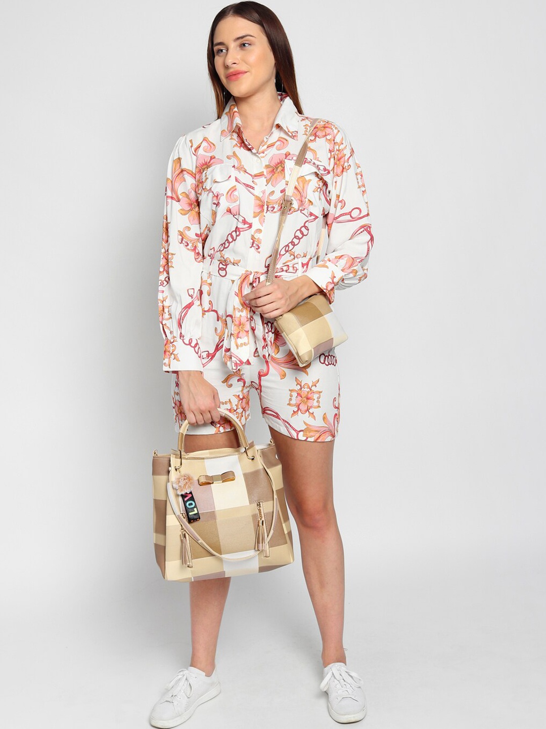 

LIKAA Cream-Coloured Checked Structured Shoulder Bag