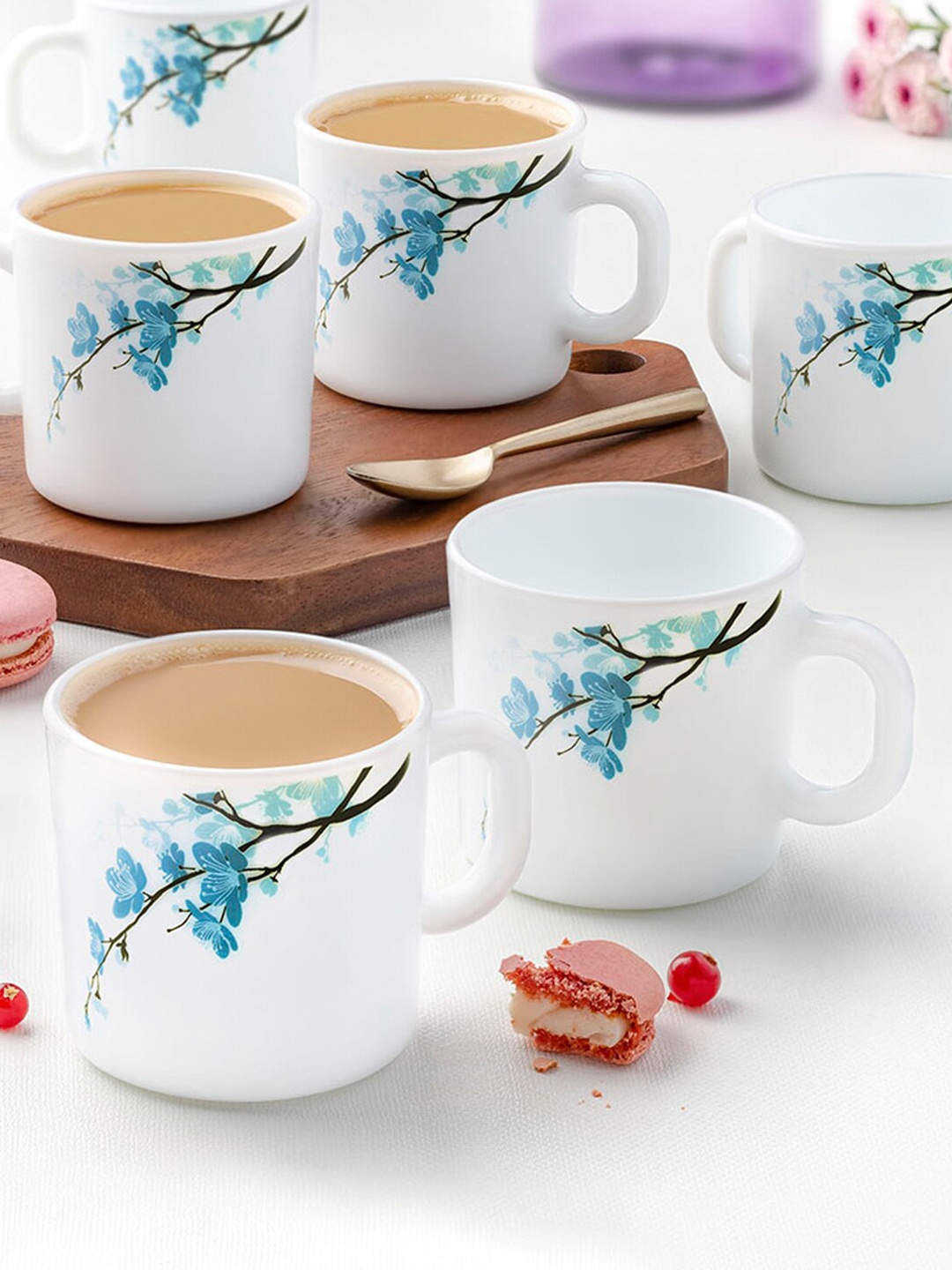 

Larah by BOROSIL Mimosa White & Blue Set Of 6 Printed Opalware Glossy Cups 180 ML