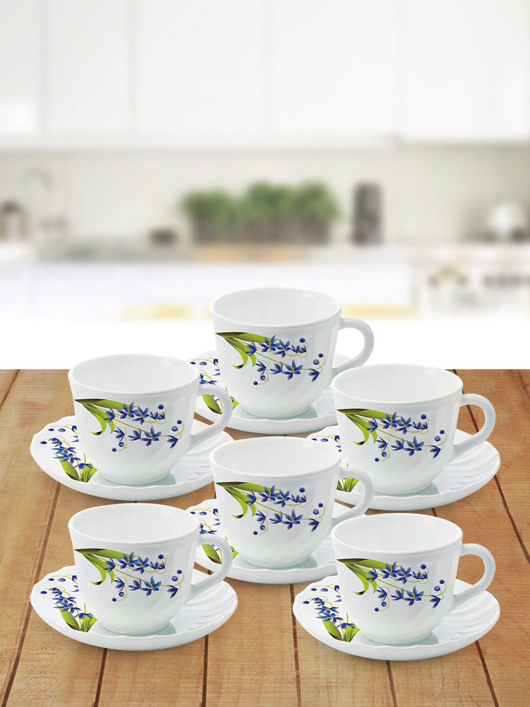 

Larah by BOROSIL Lavender White & Blue Set Of 6 Printed Opalware Cups and Saucers 220 ML