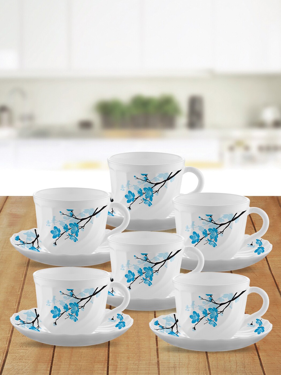 

Larah by BOROSIL Mimosa White & Blue Set Of 6 Printed Opalware Cup & Saucer Set 220 ML