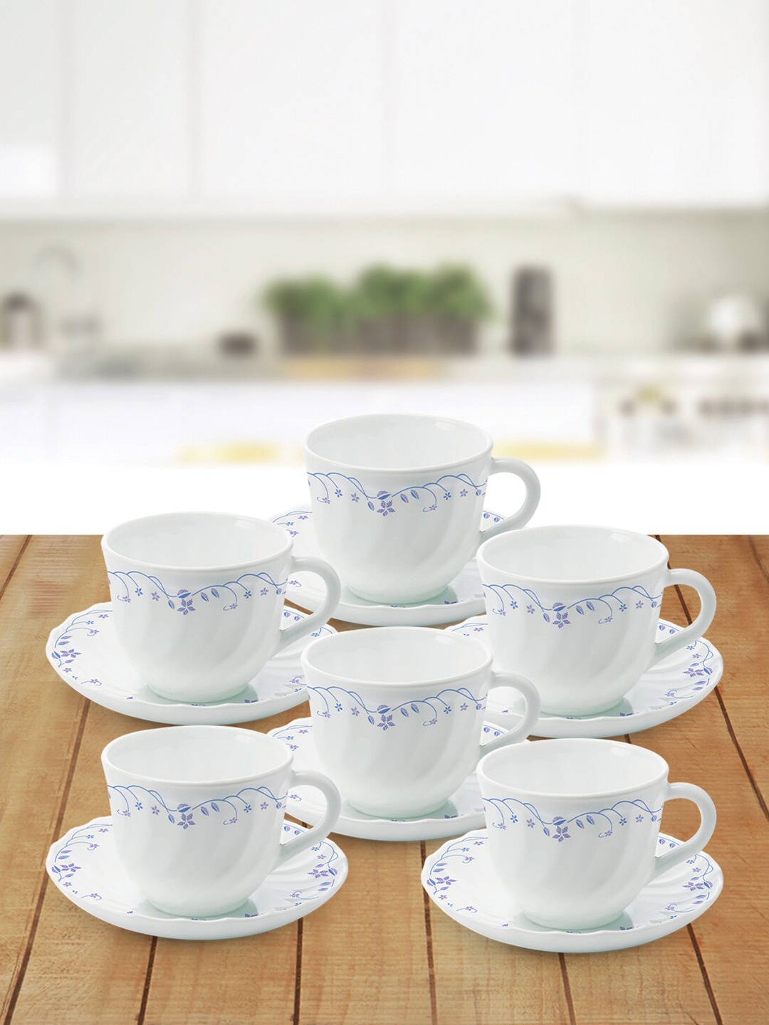 Larah by BOROSIL Flora Set Of 6 White & Blue Printed Opalware Cup & Saucer 220 ML