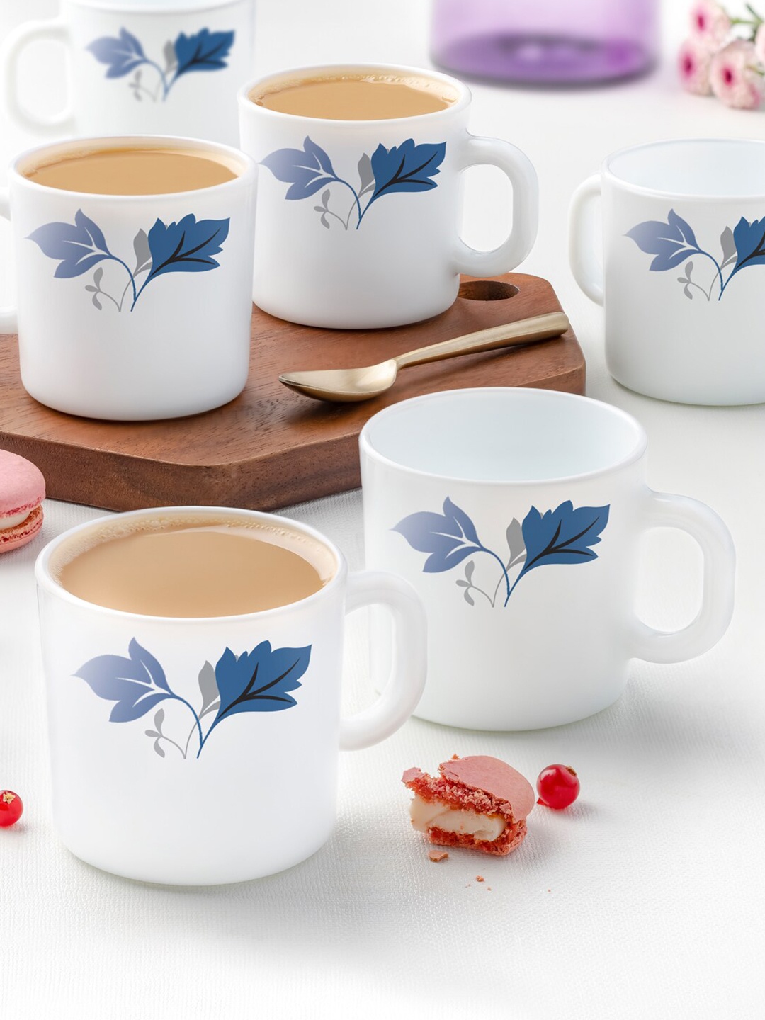 

Larah by BOROSIL Ageria Set Of 6 White & Blue Floral Printed Opalware Matte Cups 180 ML
