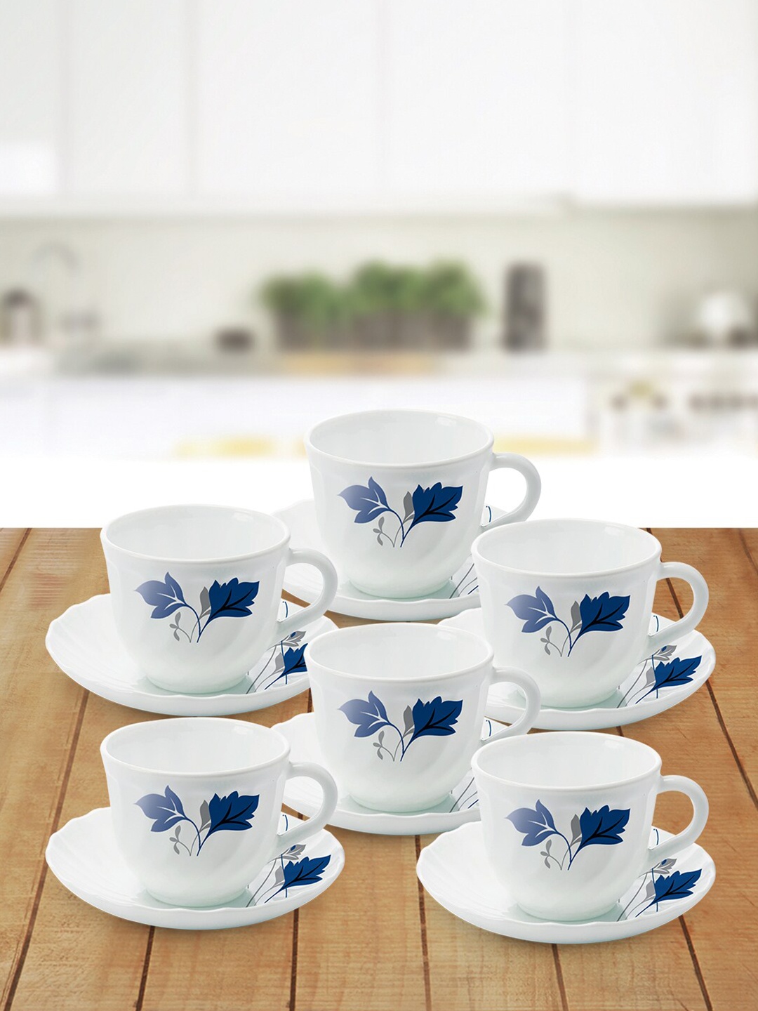 

Larah by BOROSIL Ageria White And Blue Set of 6 Printed Opalware Cups and Saucers 220 ML