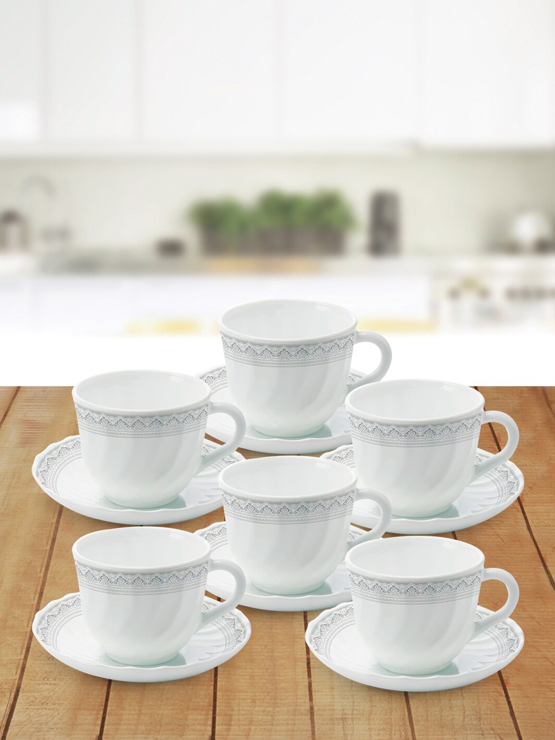 

Larah by BOROSIL Classic White & Grey Set of 6 Printed Opalware Cups & Mugs 220 ML Each