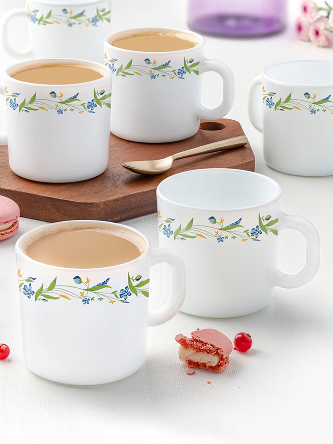 

Larah by BOROSIL Set Of 6 White & Green Floral Printed Opalware Glossy Cups180 ML