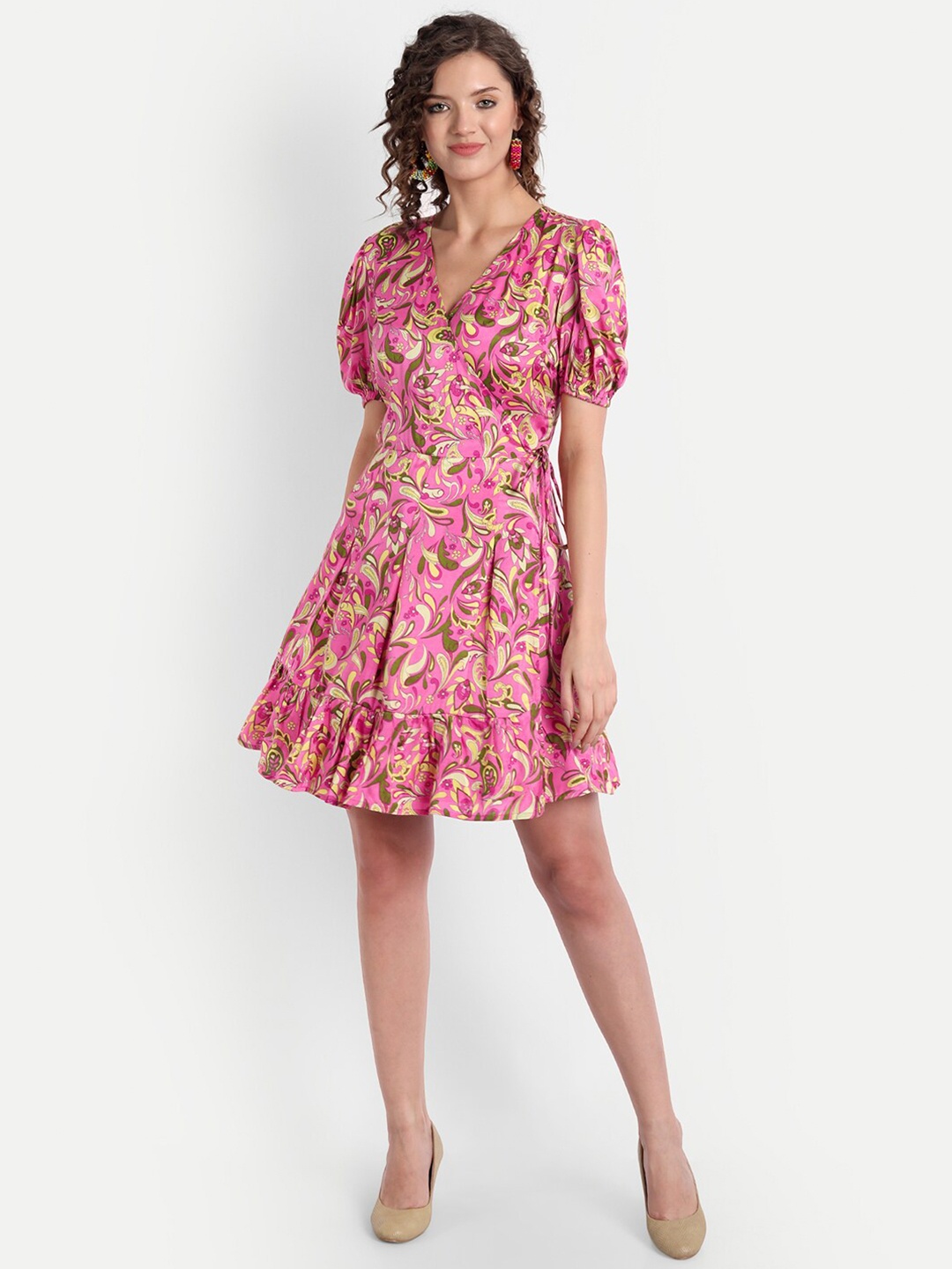 

MINGLAY Women Pink Floral Flared Dress