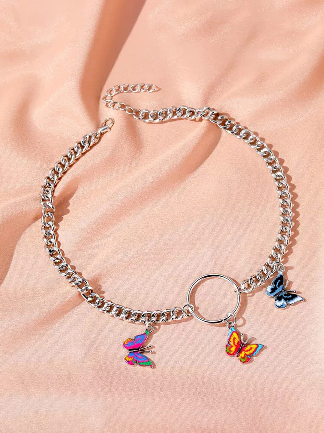 

Yellow Chimes Silver-Toned Linked Chain Three Butterfly Charm Hanging Necklace