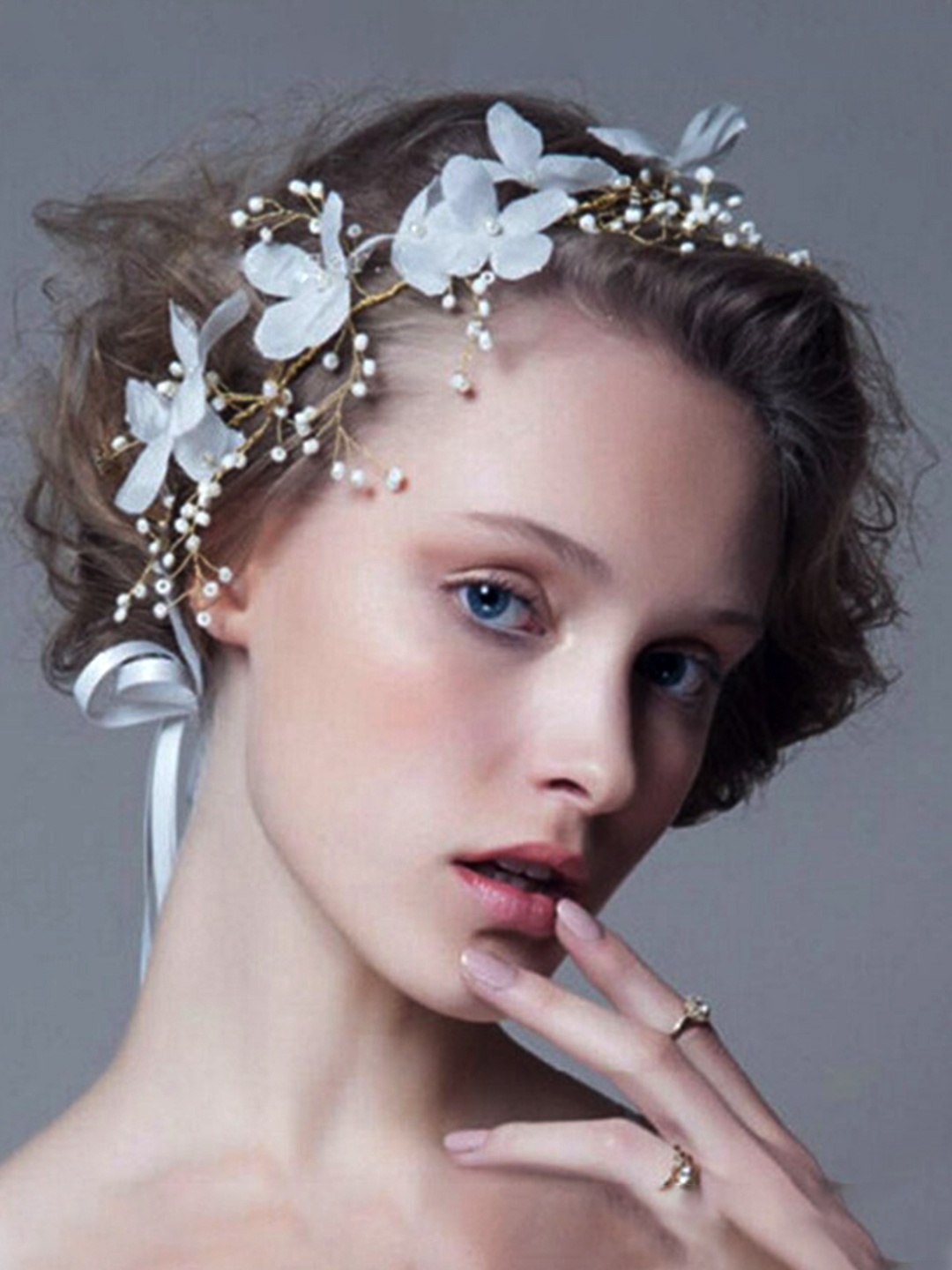 

Yellow Chimes White & Gold-Toned Pearl Bead Flower Design Bridal Ribbon Hairband