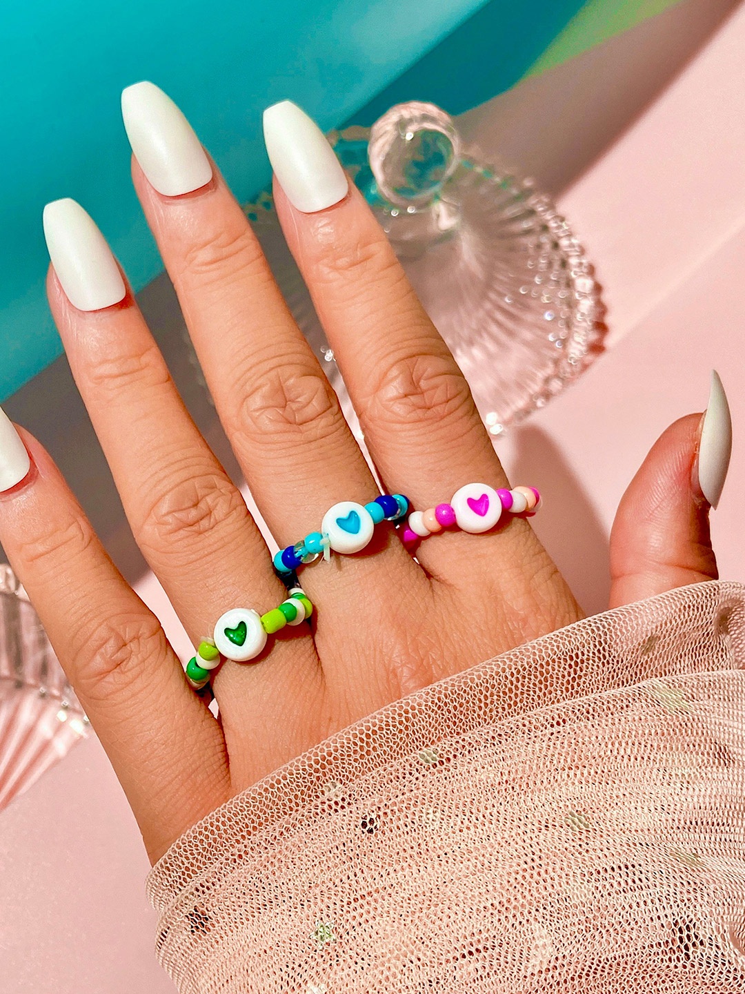 

Unwind by Yellow Chimes Set Of 3 Enamelled & Beaded Finger Rings, Green