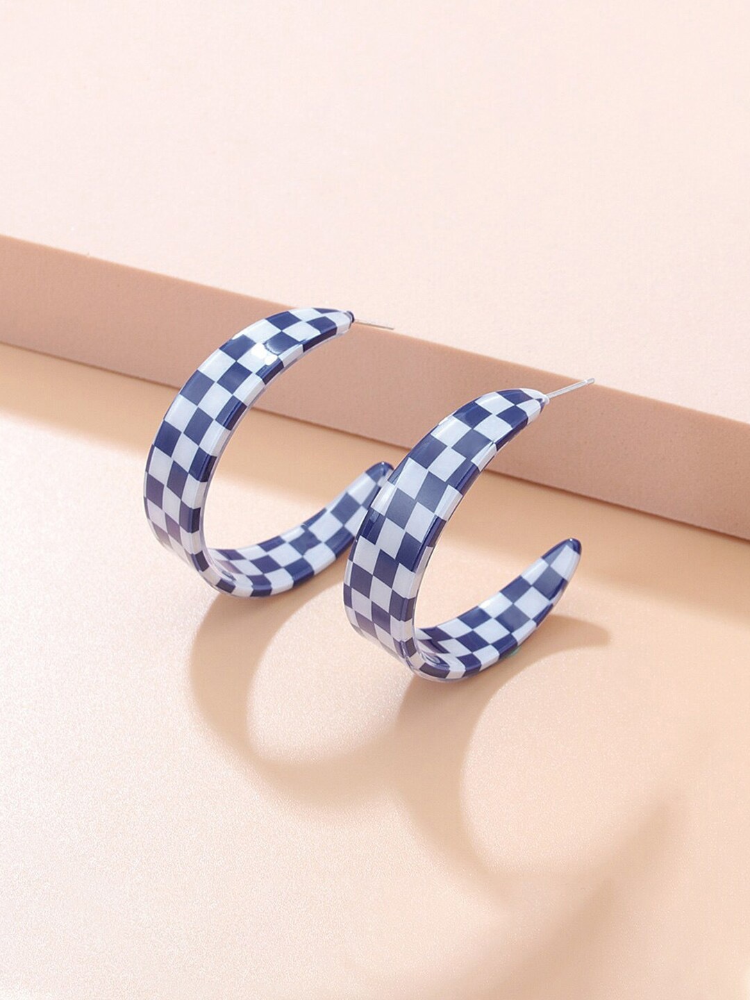 

Unwind by Yellow Chimes Blue Checked Contemporary Hoop Earrings
