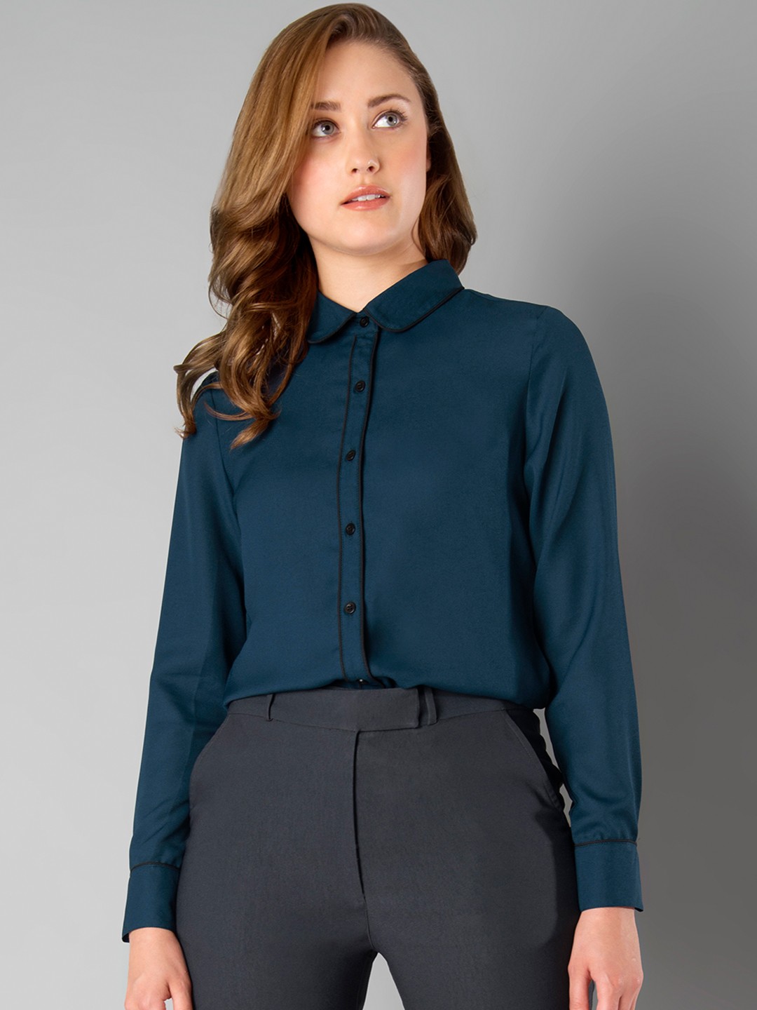 

FabAlley Women Teal Blue Solid Shirt Style Top