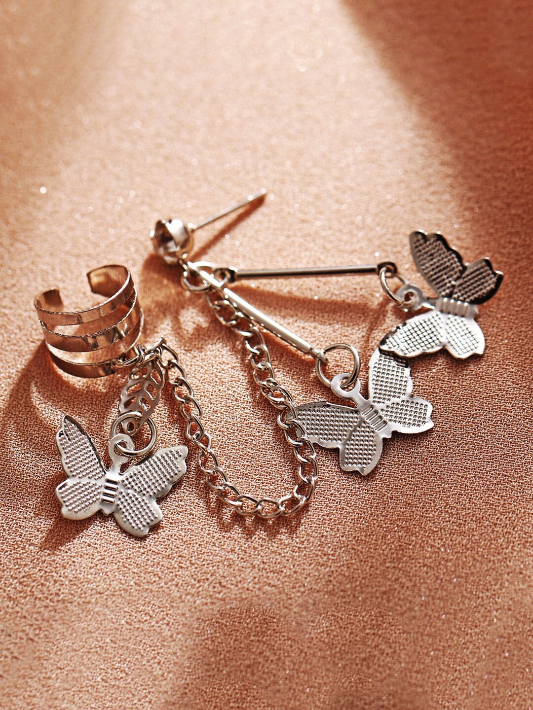 

Unwind by Yellow Chimes Butterfly Designed Drop With Cuff Earrings, Silver